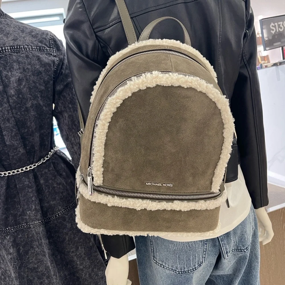 MICHAEL KORS Rhea Medium Suede and Faux Shearling Backpack Olive NWT